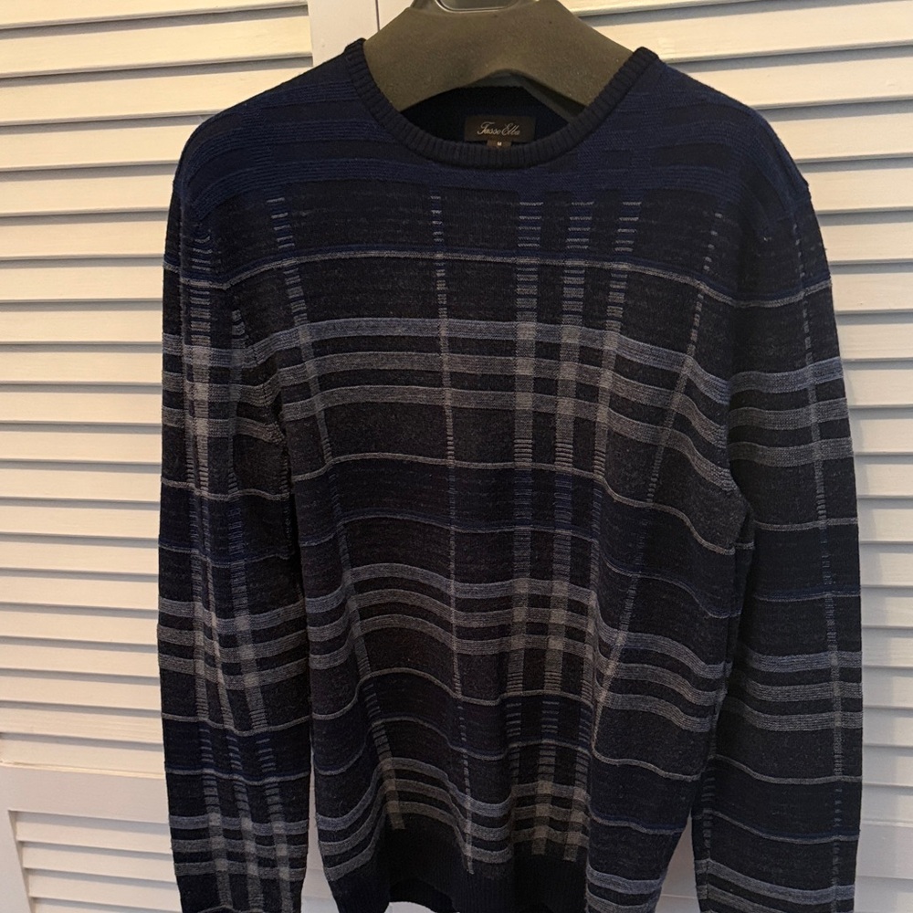 New Tasso Elba Men's Blue and Gray Crewneck extra fine merino wool